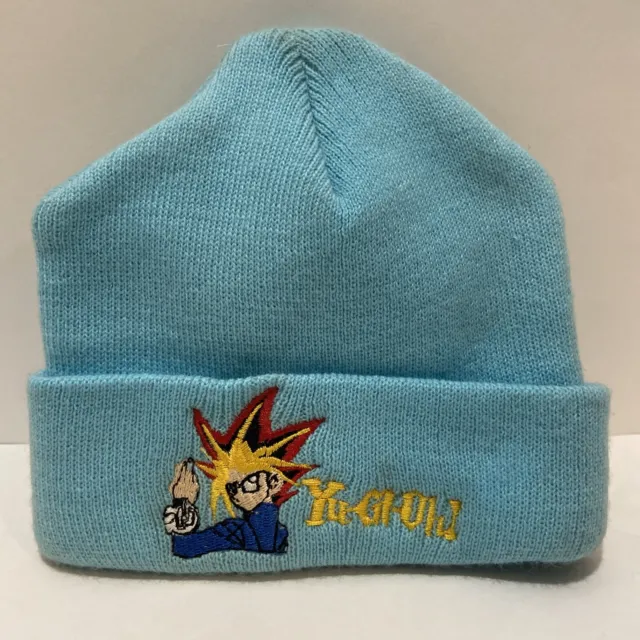 Vintage Y2k Yu-GI-Oh! Child Beanie Hat 1996 90s Yugioh Light Blue MADE IN USA NM