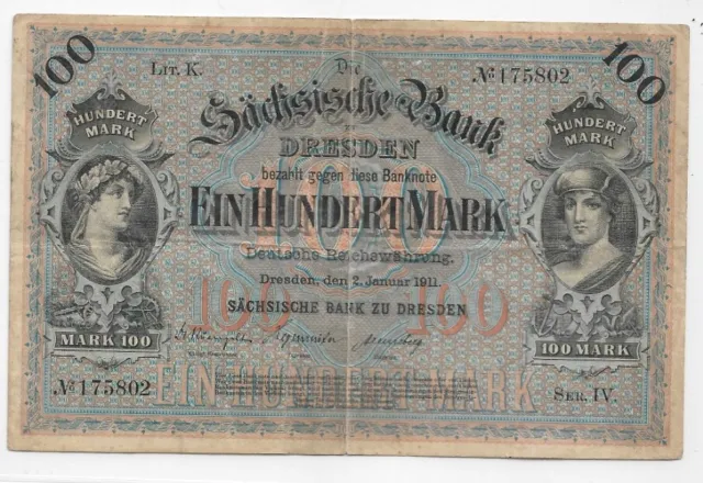 100 Mark 1911 Sax. 8a Sachsen Länderbanknote (3)