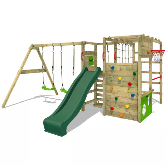 Wooden climbing frame FATMOOSE ActionArena - Swing set with green slide