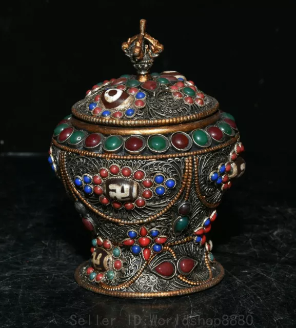 4.4" Old Tibetan Silver Gilt inlay Tian zhu gem filigree Pot Jar Crock 2