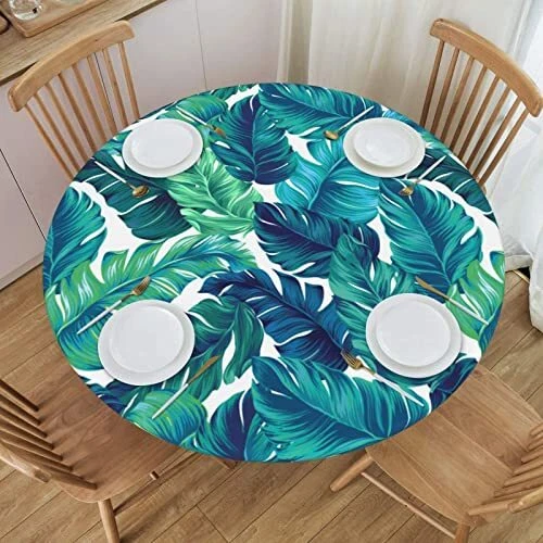 Tropical Palm Leaves Tablecloth Elastic Fitted Table Cloth Round...