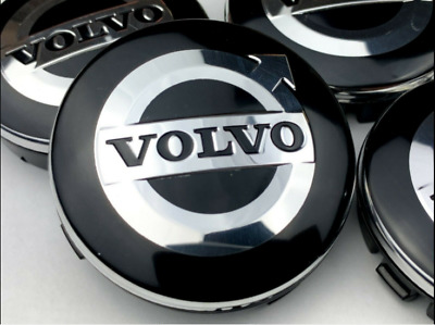 4 x Volvo 64mm IN LEGA TAPPI MOZZO RUOTA CENTRO SET DI 4 Emblema Nero/Argento