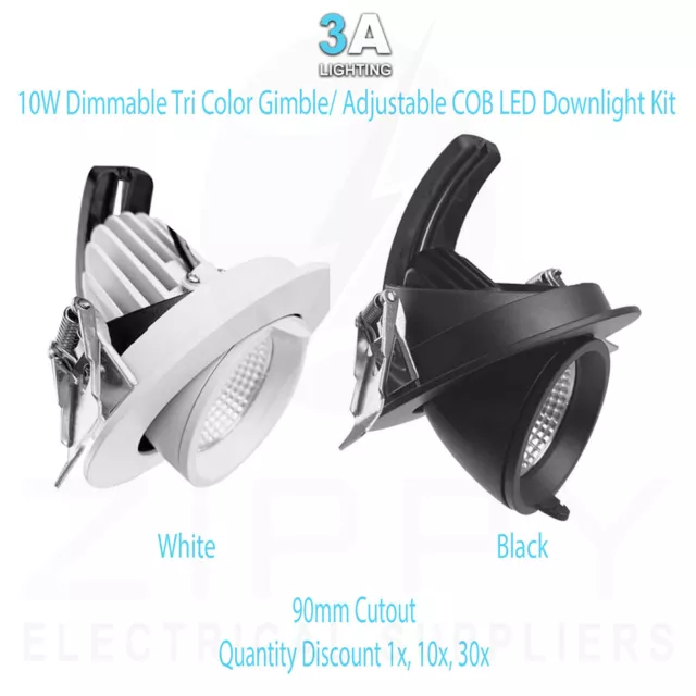 10W Dimmable Tri Color Gimble/ Adjustable COB LED Downlight Kit | 90mm Cutout