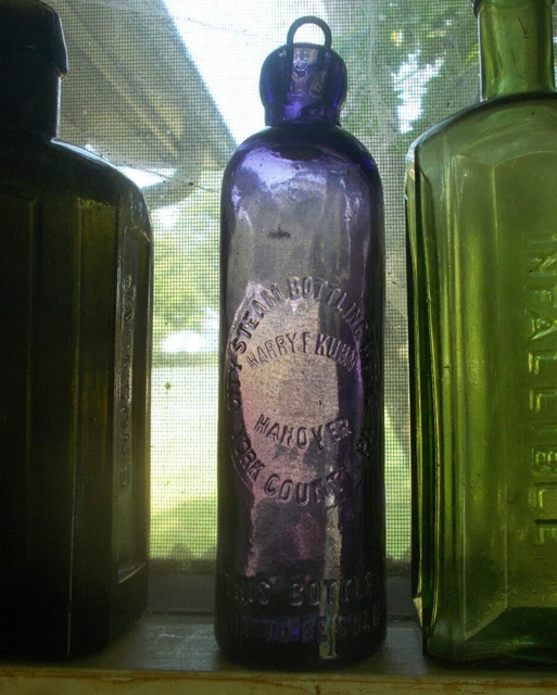 Hanover,Pa City Steam Bottling Works Harry Kuhn Purple Hutch Soda Bottle
