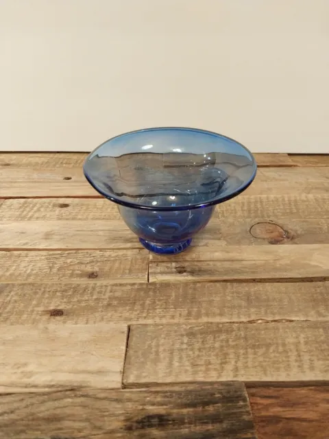 Art Glass Bowl Footed Royal Blue Wafer Base 5" D Signed Crawford CO