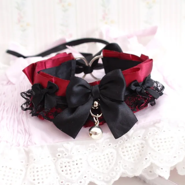 Burgundy red black lace choker necklace , kitten pet play collar , black bow wit
