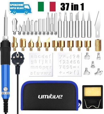 Attrezzi Incisione Professionale per Cuoio e Sughero 140cm Cavo di Alimentazione 60W Temperatura Regolabile QLOUNI Penna di Pirografia Kit 37pz Saldatore Pirografico a Penna Elettrico con 33 Punte 