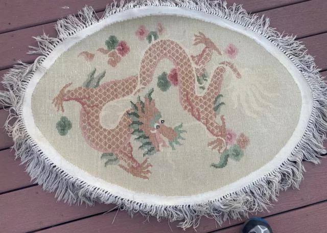 Art Deco Wool Rug ART DECO DRAGON DESIGN Asia Round Oval 43”x31”