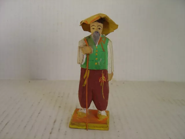 Vintage Hand Carved And Hand Painted Wood Asian Figurine With Staff 5" High