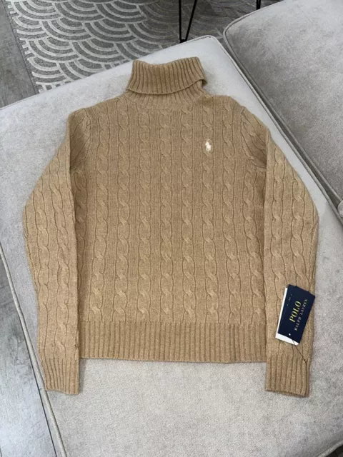Polo Ralph Lauren Wool Cashmere Cable Roll Neck Jumper S Camel