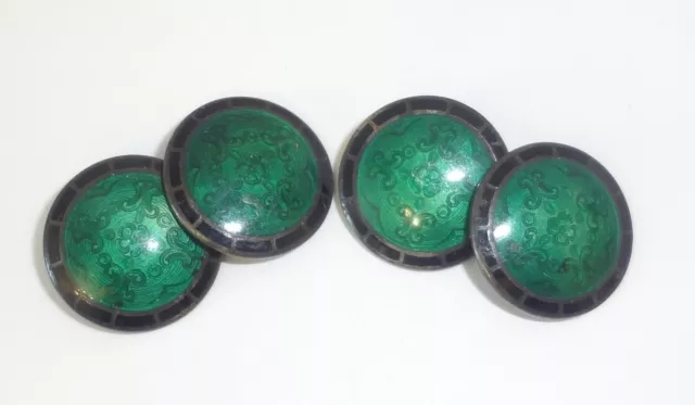 Vintage Art Deco Sterling Silver Green & Black Guilloche Enamel Cufflinks