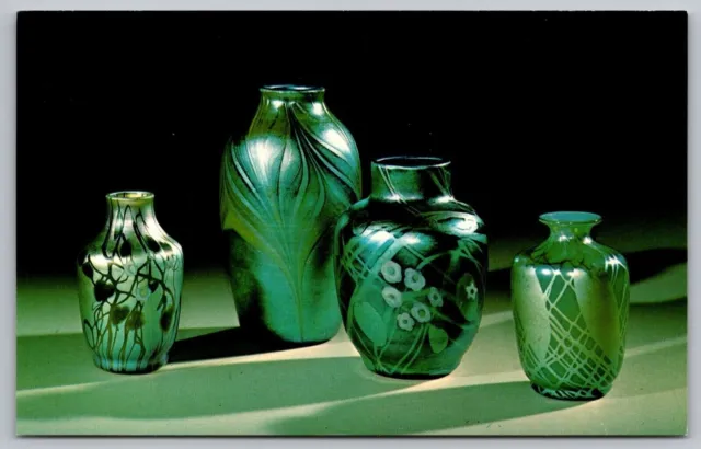 Four Blue Aurene Vases Steuben Glass Works Corning Museum New York NY Postcard