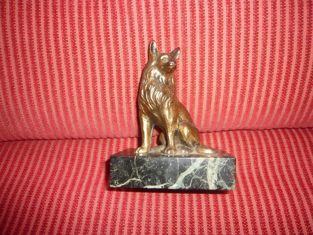 ANCIENNE SCULPTURE BRONZE Animalier Chien berger allemand ?? sur socle