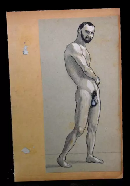 Tableau encre aquarelle nu masculin homme académique fin XIXème Atelier