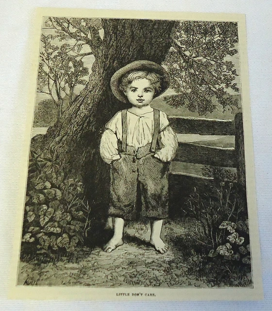 1882 Rivista Incisione ~ Little Don'T Cura Piccolo Bambino IN Tute Su Fattoria