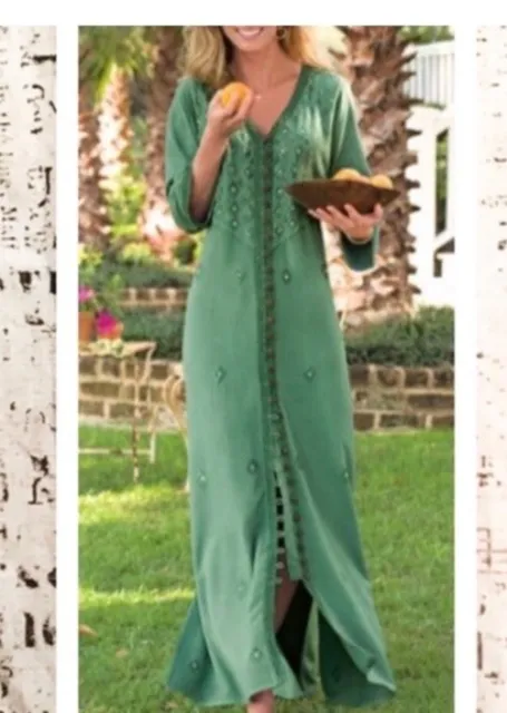 Soft Surroundings Embroidered Midi Dress Women’s Large Green Bohemian Romantic