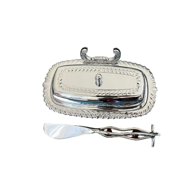 Vintage Chrome Plated Irvinware Butter Dish With Glass Insert and Knife.