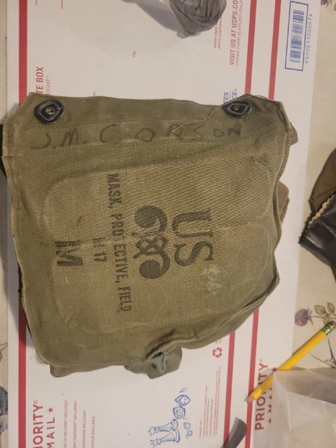 1970, 1985 Vietnam War M-17 Gas Mask with Canvas Shoulder Carrier, size M 1970, 1985 Vietnam War M-17 Gas Mask with Canvas Shoulder Carrier, size M
