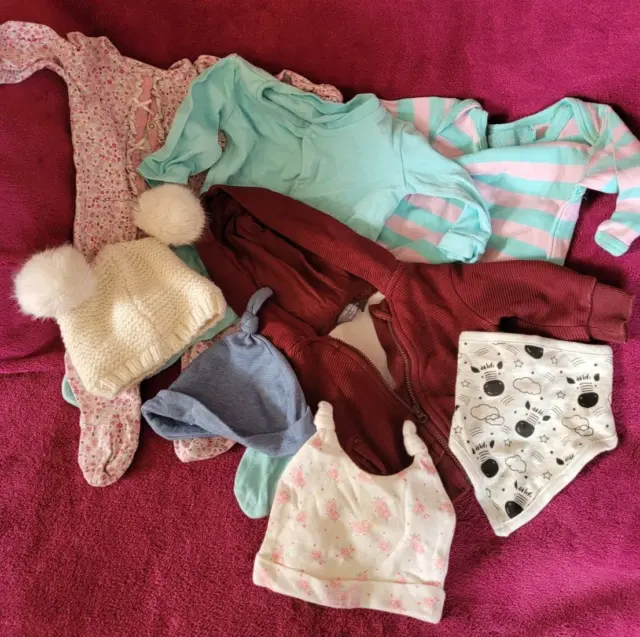 Girls Clothing Bundle x8 Items Age 0-3 Months - Sleepsuits - Jumper - Hats - Bib