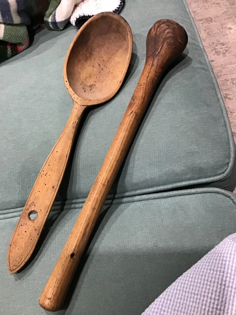 Large Early Antique Primitive Wooden Spoon + 1 Masher