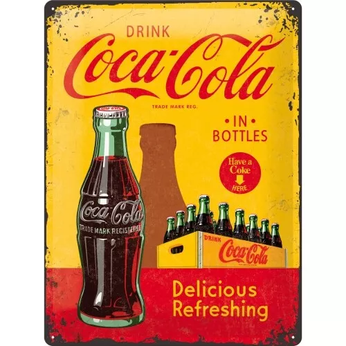 Blechschild: Drink Coca-Cola in Bottles 30x40 ovp Coke Yellow refreshing