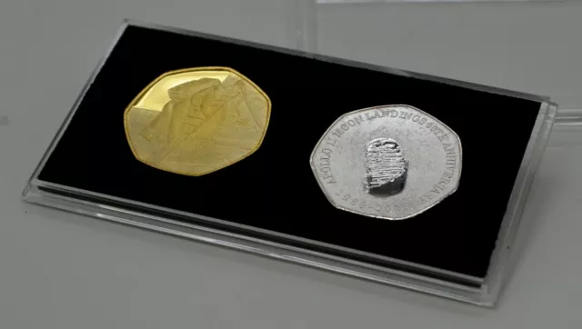 Silver & 24ct Gold LUNAR/MOON LANDINGS Commemoratives in 50p Coin Case Apollo 11