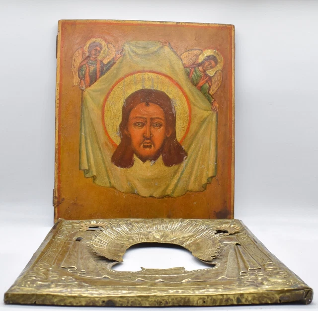 Icona russa antica Cristo Salvatore acheropita XIX secolo con grande riza 40 cm