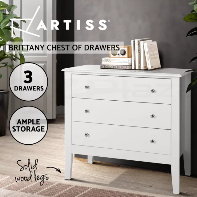 Artiss 3 Chest of Drawers Dresser Tallboy Storage Cabinet Bedroom White BRITTANY