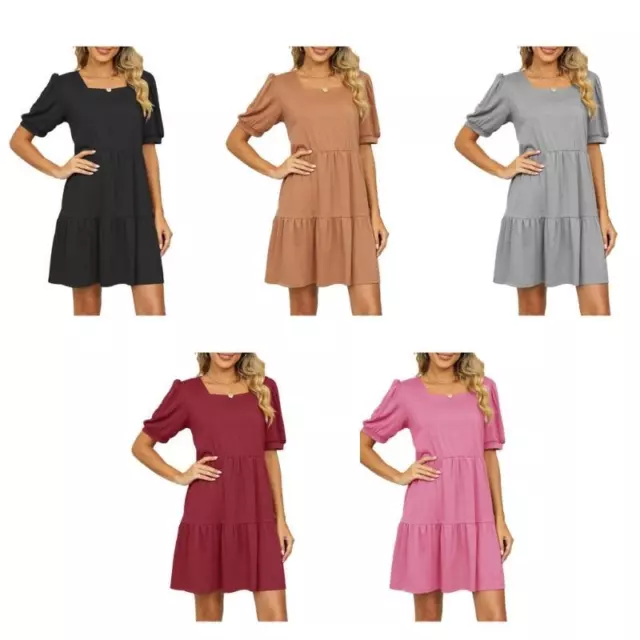 Womens Short Sleeve Pleated Midi Dress Ladies Casual Baggy Solid Swing  Dresses