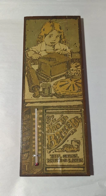 VINTAGE MRS. B'S BAKERY WOOD PLAQUE ADVERTISING BOARD W/ THERMOMETER 7"x19"