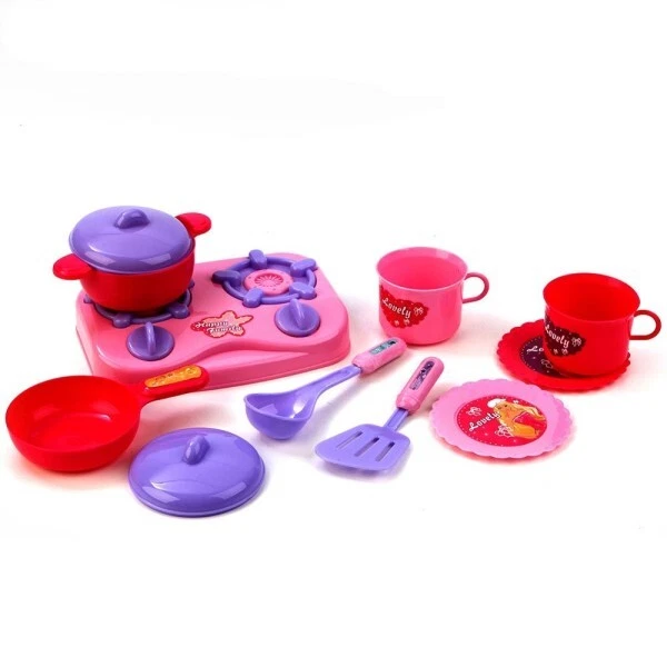 Set Cucina Per Bambine 11 Pz Con Piano Cottura Stoviglie Pentole Accessori Gioco