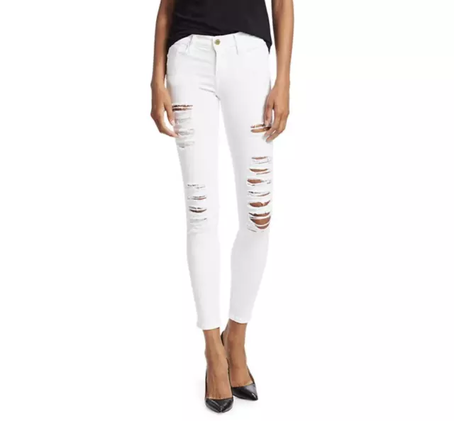 FRAME DENIM Le Color Mid-Rise Skinny White Distressed Jeans