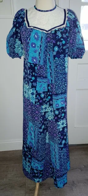 Vintage Hawaiian Hostess Maxi Dress Cottagecore Boho Hippie  Purple Blue Size 4