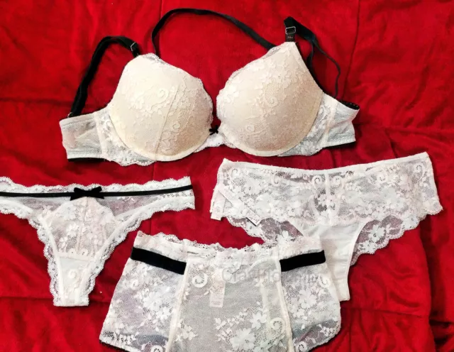 VICTORIA'S SECRET LACE Push up Bra Set fashion White Velvet panty thong 32  34 36 $79.00 - PicClick