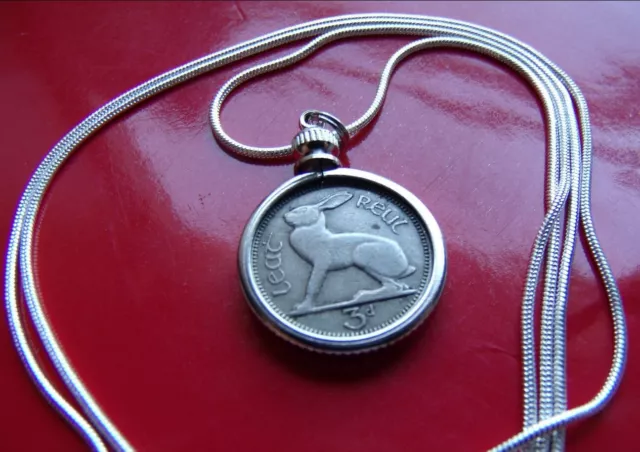 1965 IRISH LUCKY RABBIT COIN PENDANT on a 28"  925 SILVER SNAKE Chain