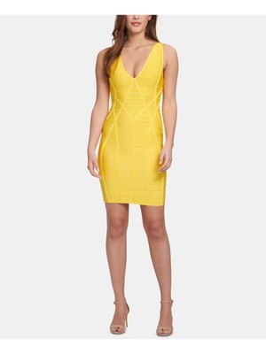 GUESS Womens Yellow Sleeveless V Neck Above The Knee Cocktail Body Con Dress XL
