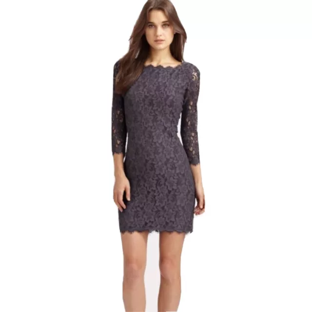 Diane von Furstenberg Zarita lace dress bodycon sheath gray 3/4 sleeve sz 8