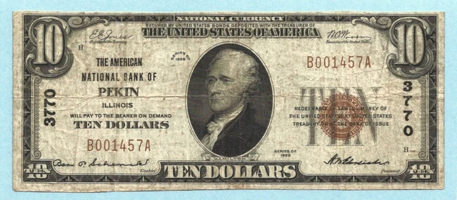 $10 National Currency 1929 - Type 1 - Ch#3770 - American NB, Pekin, IL - VF+