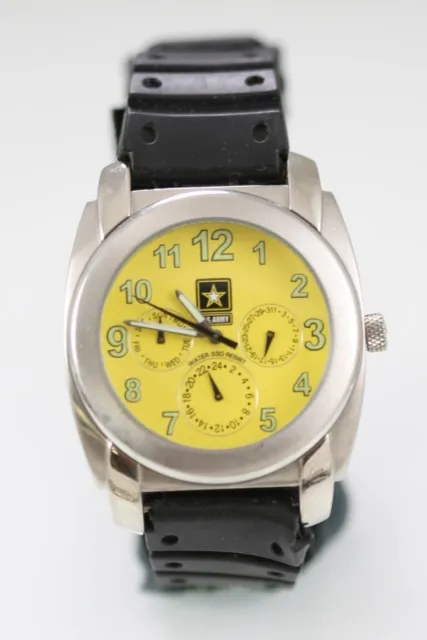 US Army Hommes Montre Acier Inoxydable 100m Caoutchouc Noir Jour Date 24hr Jaune