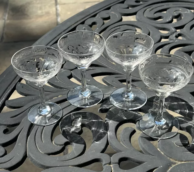 4 Vintage Tiffin Needle Etched Liquor Cocktail Glasses