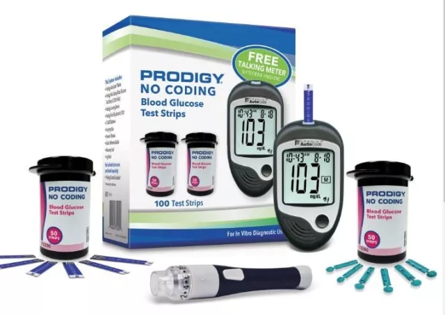 PRODIGY No Coding Blood Glucose 100 Test Strips + Free Meter  (NEW) Exp: 08/25