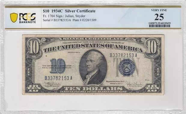 1934-C $10 Bank Note Silver Certificate Fr. 1704 Plate # E220/1309 Pcgs 25 Ppq
