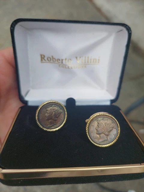 Vintage Genuine Mercury Dime Cufflinks in Goldtone Setting MATCHING 1942