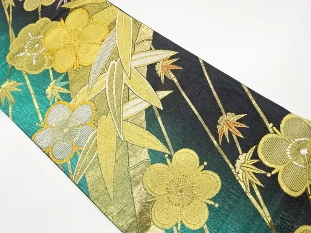 6309505: Japanese Kimono / Vintage Fukuro Obi / Woven Bamboo & Ume Blossom