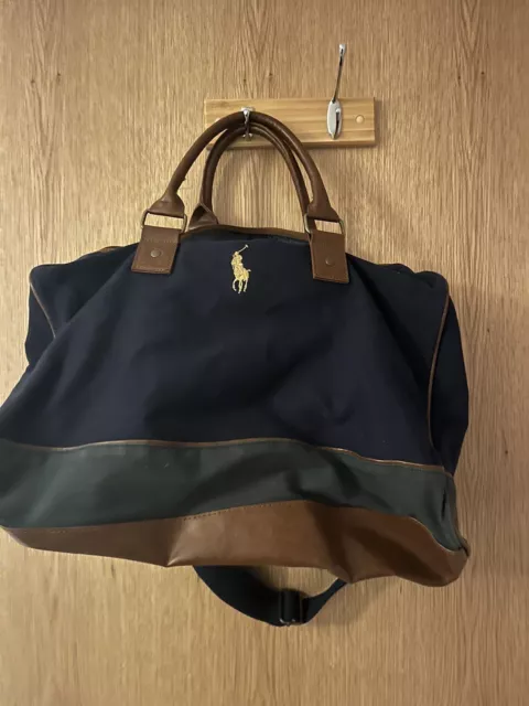Vintage Polo RALPH LAUREN Blue & Green Duffle Bag Canvas Travel Leather