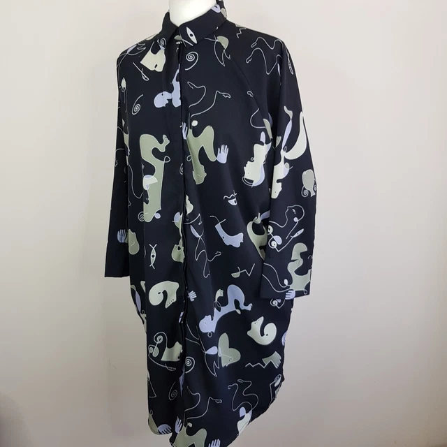 monki moa shirt dress MONKI ABSTRACT WHITE Print Shirt Dress Uk S Oversized Summer Holiday  Beachcover £14.54