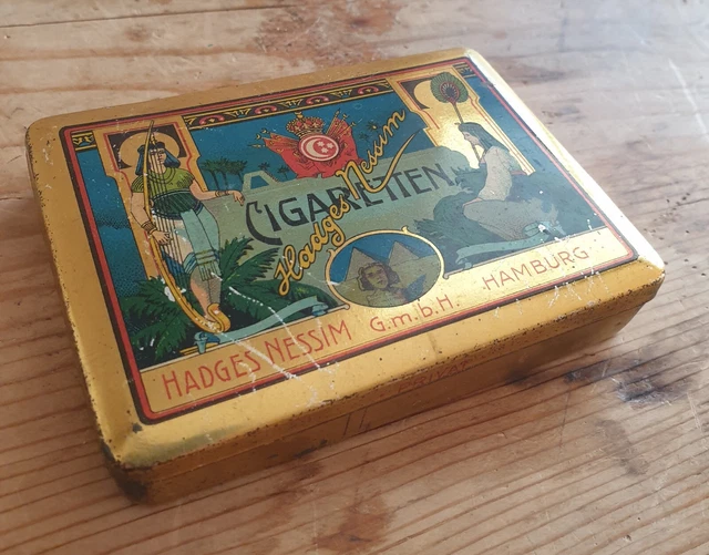 Antik Hadges Nessim Zigarettendose Blech Egyptian Blechdose Cigarettes um 1900