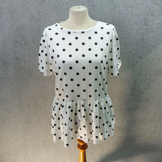 New Look Black White Polkadot Top Peplum Frill Short Sleeve Crinkle Y2K Uk 10
