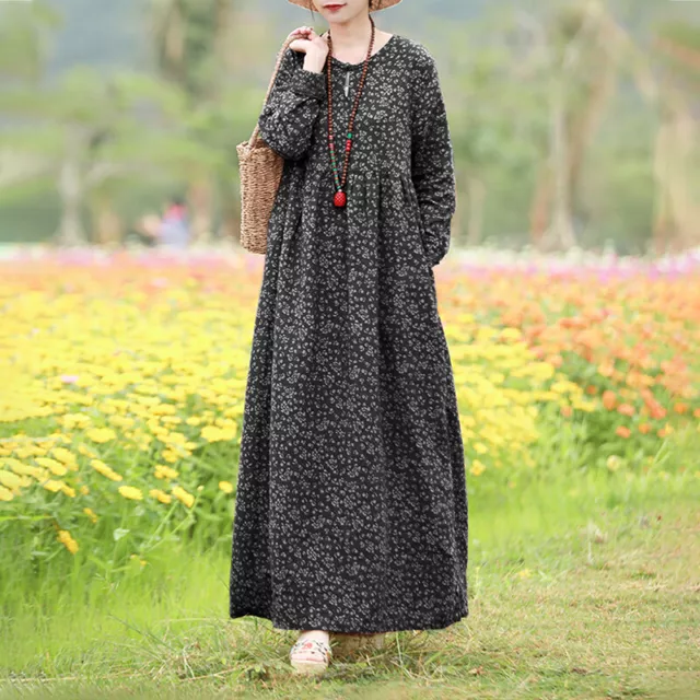 Plus Size Womens Retro Floral Long Sleeve Cotton Dress Kaftan Baggy Maxi Dresses 3