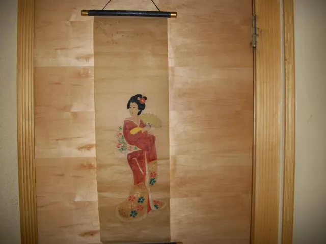 Vintage Geisha Girl scroll ,handpainted on rice paper ,copper capped rods ,24"l